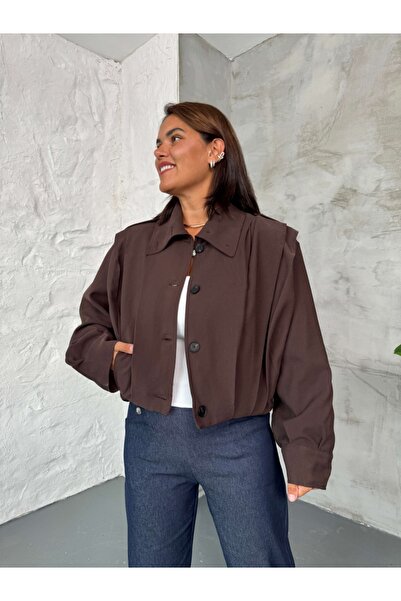 Elif Özbey Butik Acı Kahve Pile Detaylı Kısa Trençkot