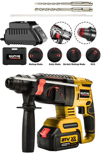 RAXTOR 21v Kömürsüz Motor Darbeli Çift Akülü Şarjlı Kırıcı Delici Hilti 2-26mm