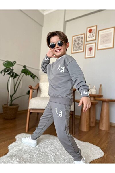 ANKANOVA Set de îmbrăcăminte sport LOS cu imprimeu pentru băieți, din țesătură cu două fire, culoare gri, elegant, pantaloni de trening, sus și jos