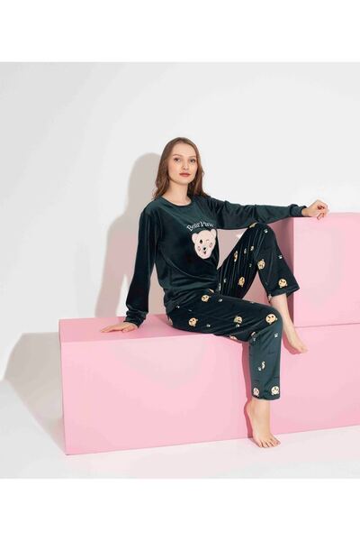 Tarık Women's Teddy Bear Patterned Long Sleeve French Velvet Fabric Winter Warm Pajama Set