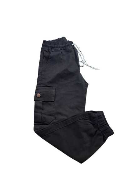 moda camiya Erkek Çoçuk Siyah Yandan Cep Beli Lastikli Kordonlu Paça Lastikli Jean Pantolon
