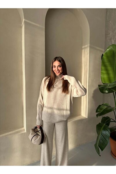 My Blog Stone Ribbed Turtleneck Knitwear Set - 4671