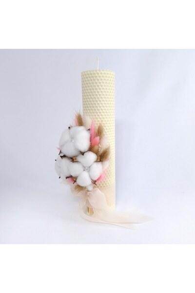 OEM Baptism Candle Made of Beeswax Ivory, Decorated with Cotton Flowers and Lagurus, 26 cm