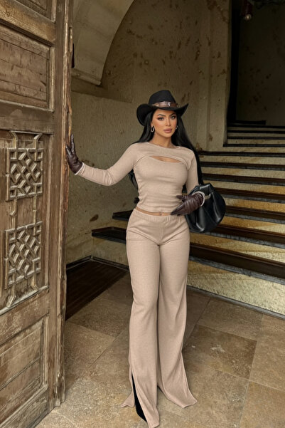 Siner Fashion Women's Beige Long Sleeve Low-Cut Blouse Spanish Leg Slit Pants Top and Bottom Set