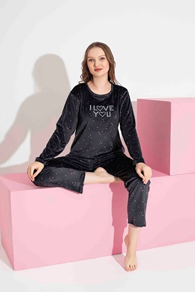 Tarık Жіночий комплект піжами з довгими рукавами з французького оксамиту з серцевим візерунком, що зберігає тепло взимку