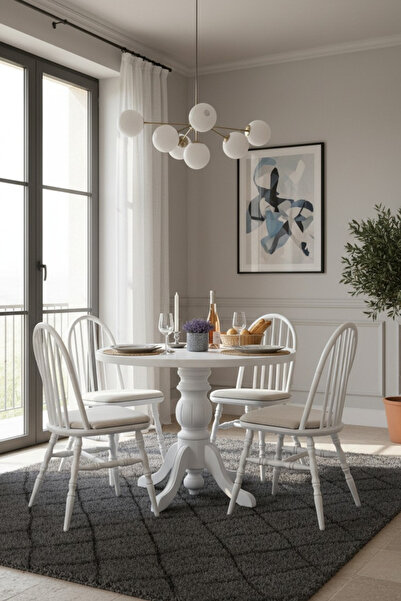 Woodenbend Laura Beyaz Lake Yuvarlak Ahşap Masa Takımı 100x100 cm – 4 Sandaly...