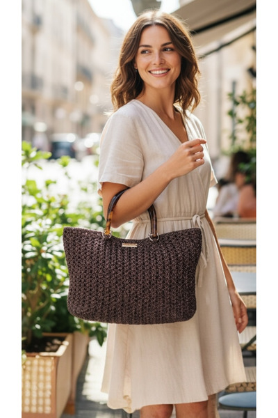 TRENDY El yapımı hasır simli örgü detay kemik saplı kişiye özel çant