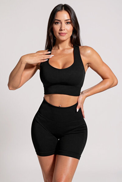 R ROCKBLACK Γυναικείο Μαύρο Ψηλόμεσο Σταυρό Πίσω Λεπτομερές Σορτς Νυχτικό