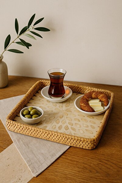 oceanpoint Embroidered Square Rattan Serving Tray, Handmade, Cream Leaf Pattern, 28 cm