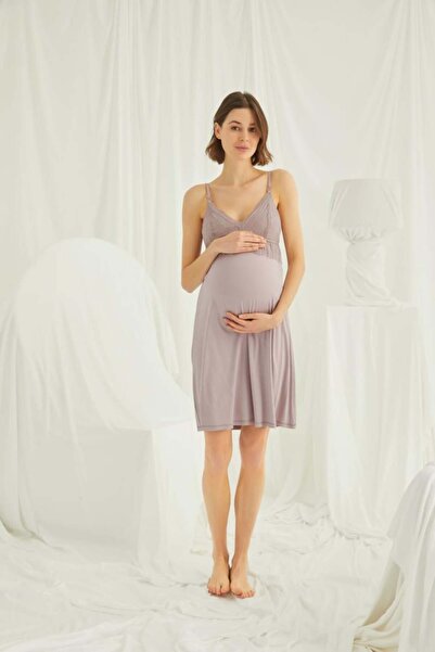 MONAMİSE Women'S, Lace Front Buttoned Maternity/Nursing Nightgown, Mink Nightgown