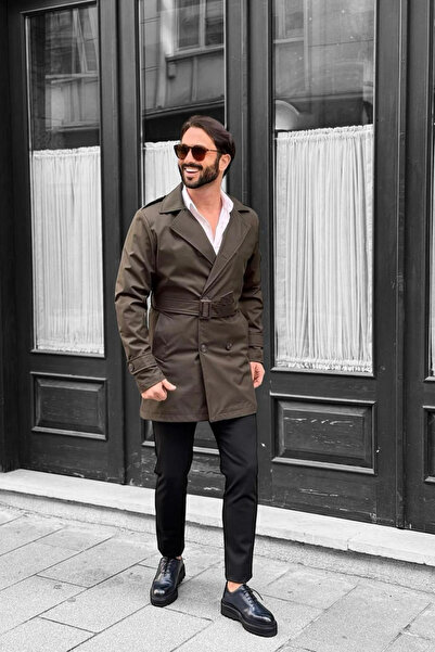 thesunfyre Erkek Su İtici Astarlı İtalyan Kesim Slim Fit Uzun Kemerli Trençkot