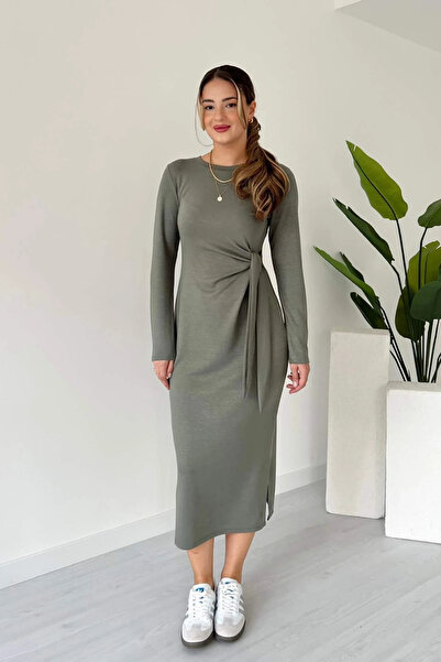 MARTYZ Bisiklet Yaka Yandan Bağlamalı Uzun Kollu Yanı Yırtmaçlı Modal Elbise