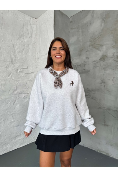 Elif Özbey Butik Hanorac gri cu detaliu de eșarfă la guler