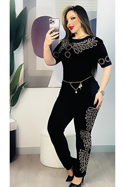 Kaptins Women's Stylish Jumpsuit & Salopet Stone Detailed Velvet Fabric