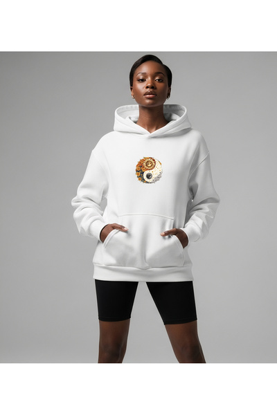 Vooya Fashion سويت شيرت بقلنسوة كبير الحجم مطبوع عليه يين يانغ