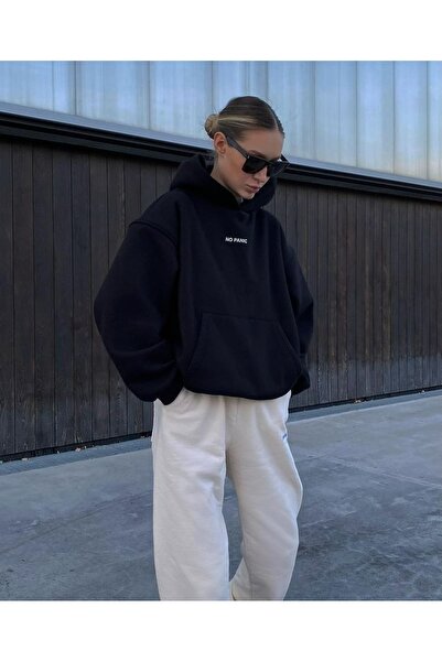 Elvino No Panic Baskılı Kadın/Erkek Unisex Oversize Kapüşonlu 3iplik Siyah Sw...