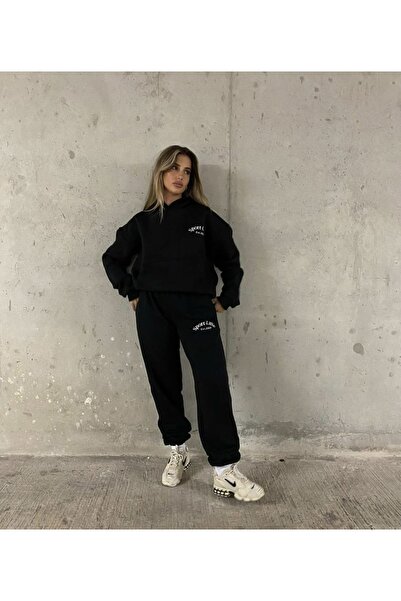 Elvino Sport Luxe Printed Oversize Γυναικεία/Ανδρική Σετ Φόρμας Unisex Χειμερινής Φόρμας 3 Νήματα Γκρι-Μαύρο