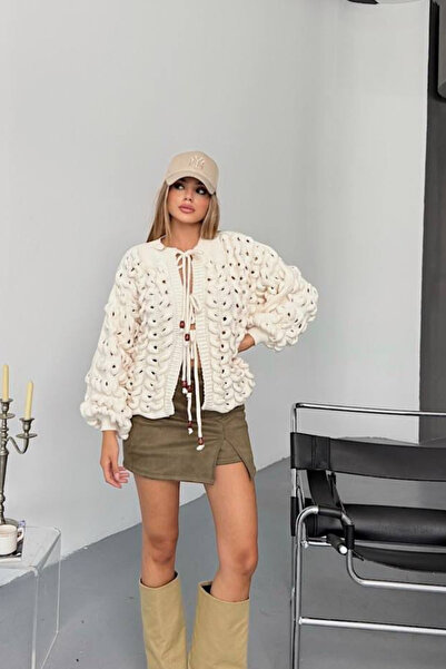 thesunfyre KADIN Uzun Kollu Kablo Örgü Hollow-Out Günlük Baglamalı Hırka