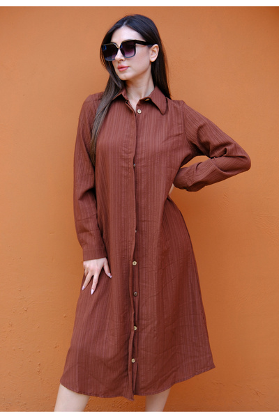 BRN Women's Soft Touch Brown Buttoned Long Dress