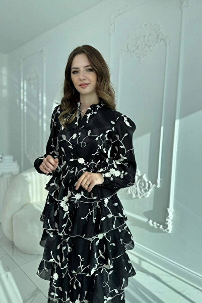 HELİS BUTİK Embroidered Carolin Fabric Layered Black and White Embroidered Belted Dress