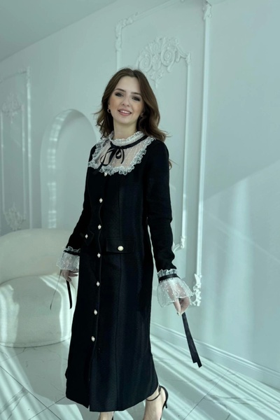 HELİS BUTİK Μαύρο φόρεμα Şanel από ύφασμα Tweed με λεπτομέρεια στο γιακά και στα μανίκια με κουμπιά