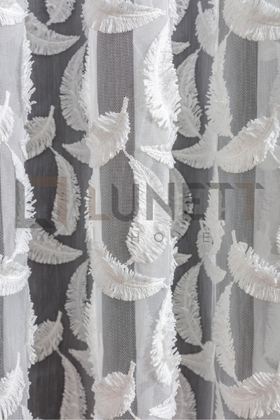 LUNETT HOME Ready to Use Foldet Linen Leaf Patterned Tulle Curtain with Tassles and Heavy Pliating