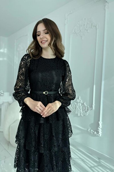HELİS BUTİK Layered Flounce Lace Fabric Black Dress