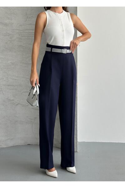 FERZOLAİO Belted Navy Blue Palazzo Pants