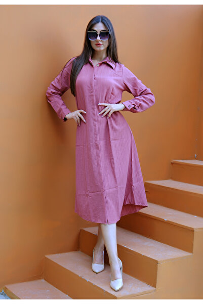 BRN Γυναικείο μακρύ φόρεμα με κουμπιά από αποξηραμένο τριαντάφυλλο με απαλή αφή