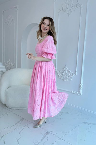HELİS BUTİK Pink Elastic Sleeve Embroidered Princess Dress