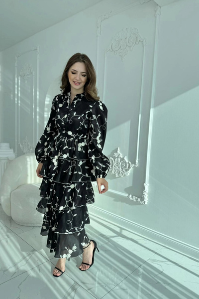 HELİS BUTİK Embroidered Carolin Fabric Layered Black and White Embroidered Belted Dress