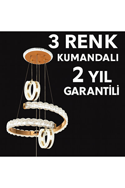 MİRLED AYDINLATMA Kristal Spiral Halkalı LED Avize – 3 Renk Kumandalı – Modern Tasarım – 2 Yıl Garantili