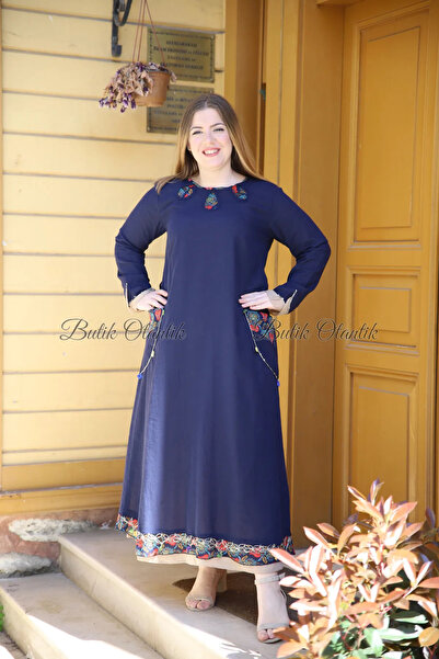 BUTİK OTANTİK %100 PAMUK ASTARLI LACİVERT BEJ ELBİSE 217372