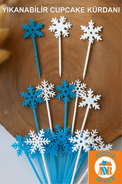 Atölye Doruk Mavi-Beyaz Kar Tanesi Cupcake Kürdanı-Yılbaşı Masa Süsleme-Elsa Frozen Pasta Süsleme Malzemeleri