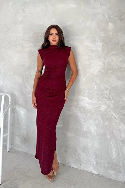 thesunfyre Rochie lungă argintie pentru femei, cu jumătate de gât roșu, cu mâ...