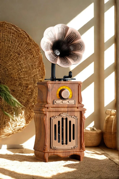 BUFS Gramafon Tasarımlı Bluetooth TF AUX USB FM Destekli Nostaljik Radyo Retr...