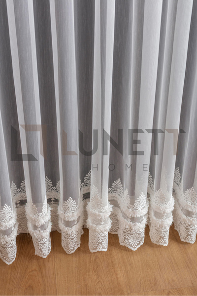 LUNETT HOME Ready to Use Foldet Linen Patterned Skirt with Embroidered Sparsely Pleated Tulle Curtain