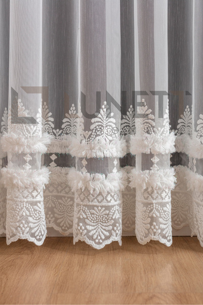 LUNETT HOME Ready to Use Foldet Linen Patterned Skirt with Embroidered Sparsely Pleated Tulle Curtain