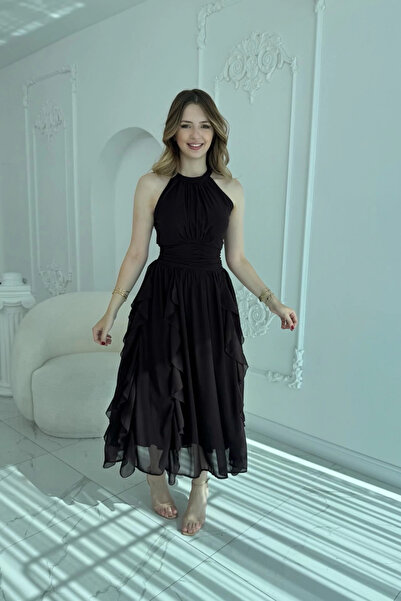 HELİS BUTİK فستان شيفون بني مع تنورة مكشكشة من الأمام