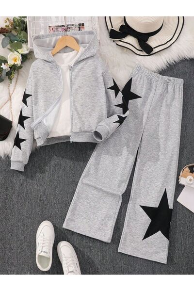 Kids Trendy Kızlar Gri Yıldız İşlemeli Kapşonlu Alt Üst Takım 2'li