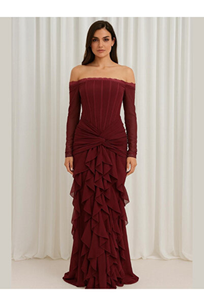 Nice Model فستان سهرة مكشوف الكتفين بأكمام طويلة ومكشكش - فستان حورية البحر ا...