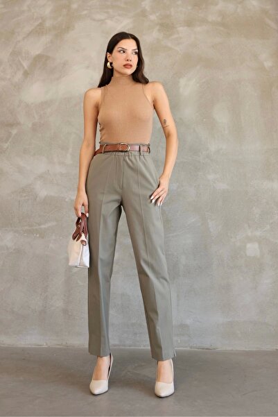 lodmela Pocket Detailed Elastic Waist Gabardine Fabric Trousers 6019-Khaki