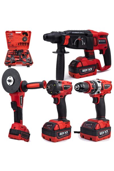 prohummer PH304 Kırmızı 4'lü Set: 350Nm somun sökme, kırıcı delici, 125mm taşlama, 13mm matkap