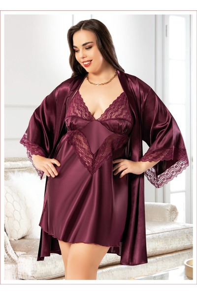 Viselya Set de dantelă cămăși de noapte și halate din satin prune, mărime mare