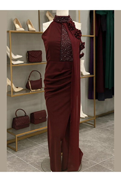 Nice Model فستان سهرة طويل رسمي بفتحة رقبة على شكل هالتر مزين بالترتر، ملابس ...