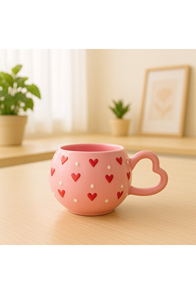 İZart Heart Handle Completely Pink Painted Special Embossed Hand Embroidered Ceramic Mug with Red Dotted Heart