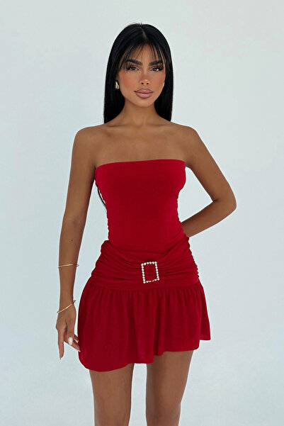 Eyyo Kırmızı Jody Mini Taş Aksesuarlı Elbise ATE-3115