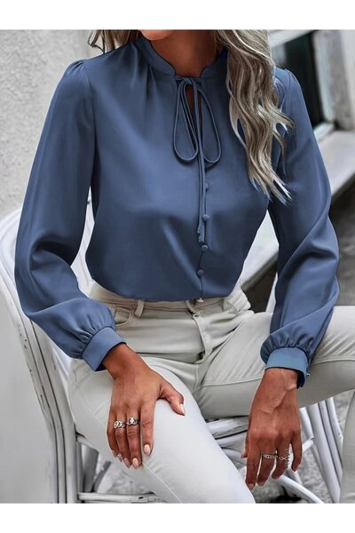 JANES Women's Long Sleeve Collared Neck Lace-Up Buttoned Sandy Blouse