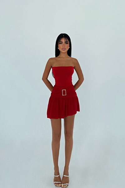 Eyyo Kırmızı Jody Mini Taş Aksesuarlı Elbise ATE-3115