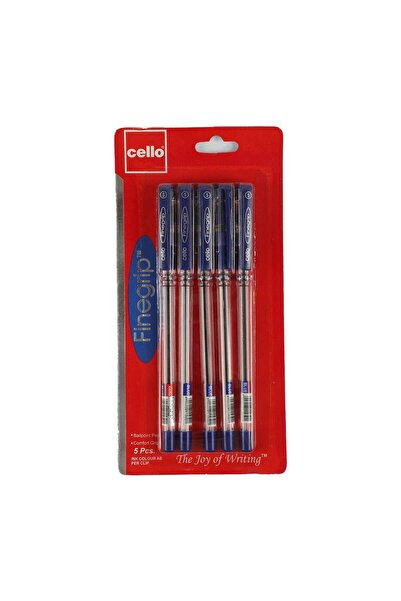 CELLO قلم حبر جاف فاين جريب أزرق 0.7 مم، عبوة من 5 قطع - كتابة سلسة، قبضة مريحة